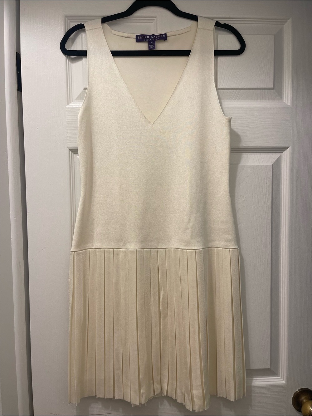 Ralph Lauren Collection Ivory V-Neck Pleated Knit Dress M Made in Italy